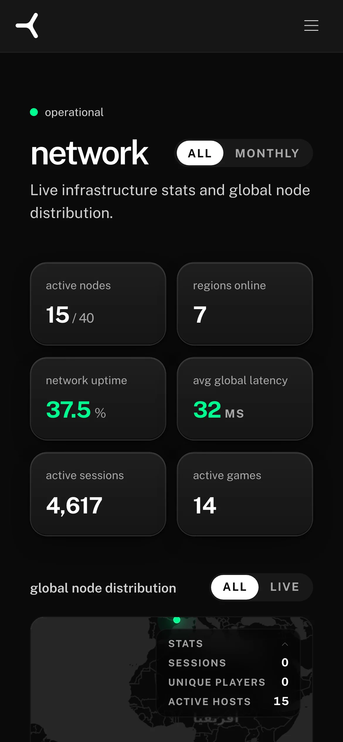 Public network dashboard with the live host map, showing where nodes are active — on a phone