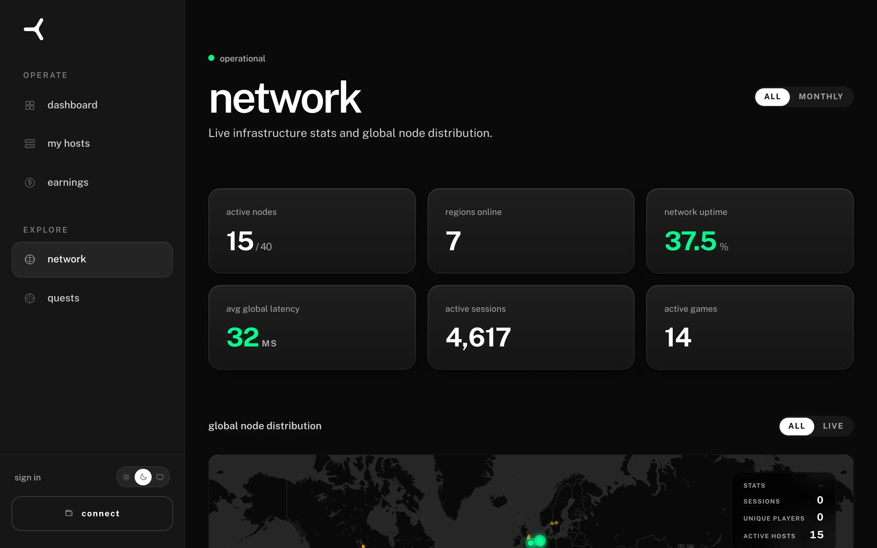 Public network dashboard with the live host map, showing where nodes are active — desktop
