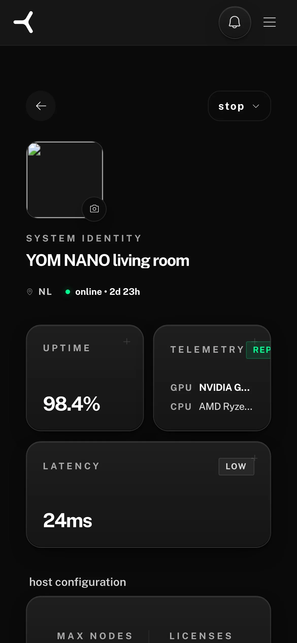 Host detail page showing online status, uptime, GPU and CPU telemetry, and host configuration — on a phone