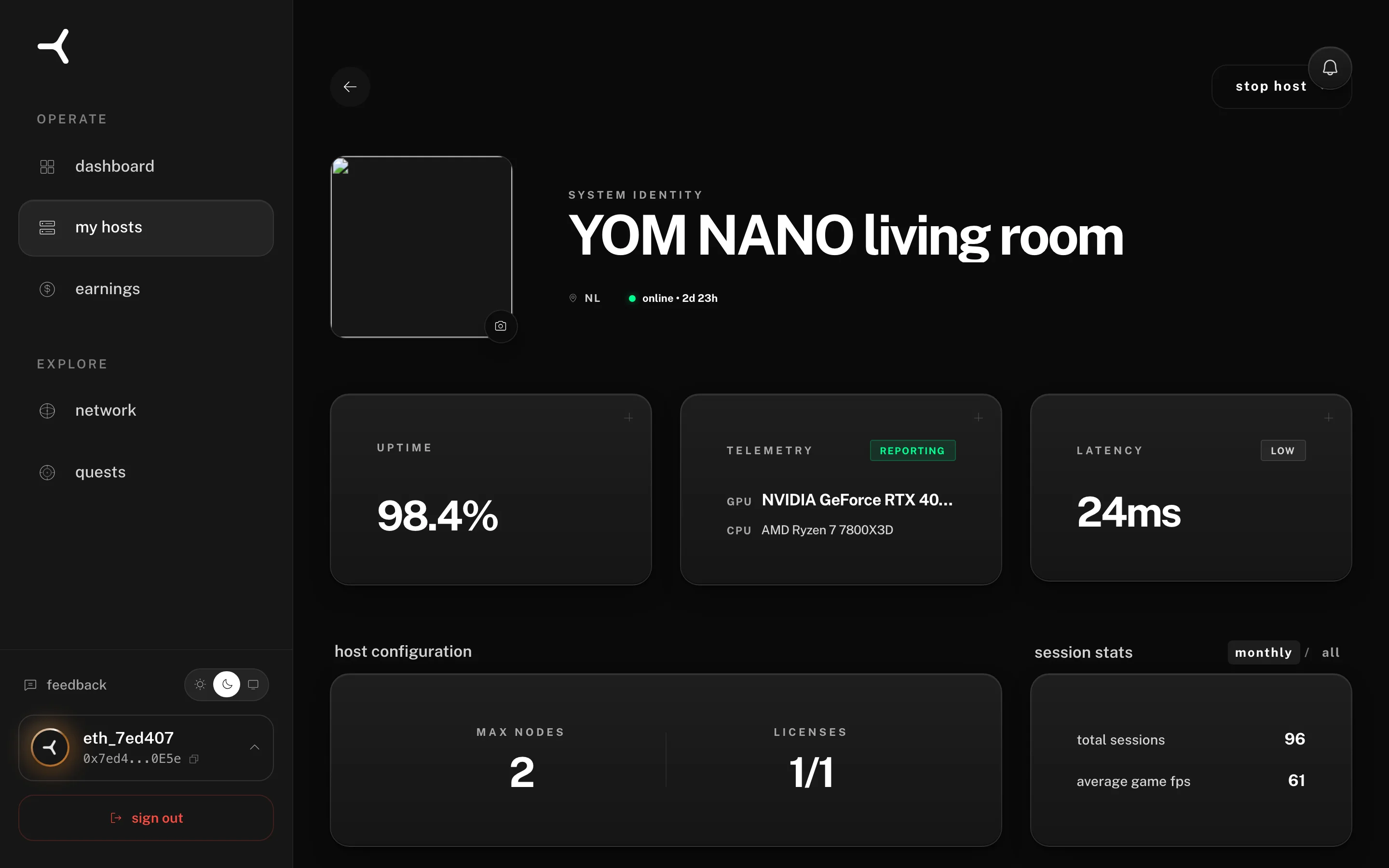 Host detail page showing online status, uptime, GPU and CPU telemetry, and host configuration — desktop