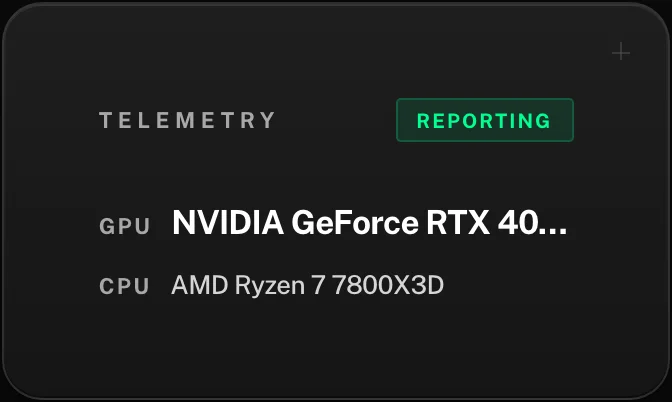 Zoom on the telemetry card showing REPORTING badge and detected GPU and CPU