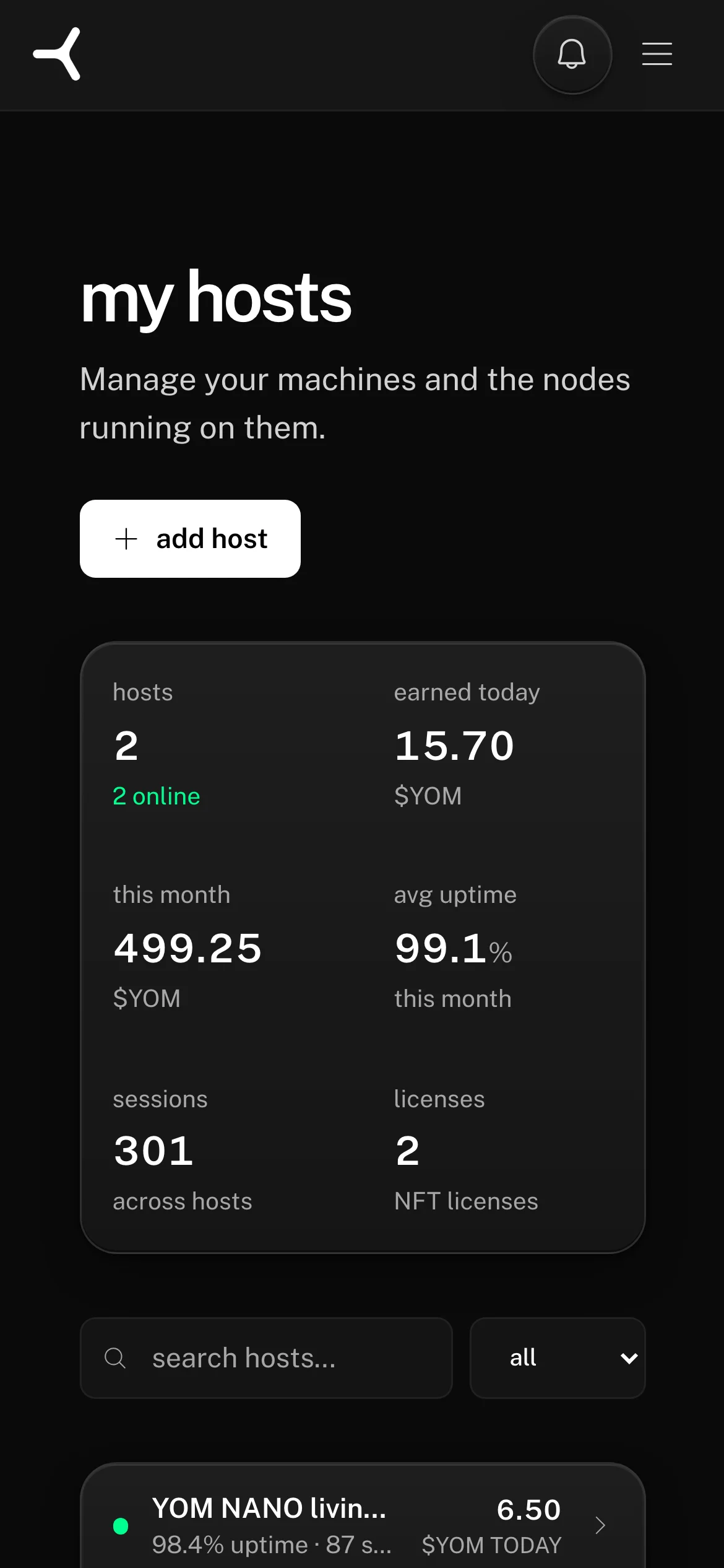 My hosts page showing two nodes with full live stats, including the status of each host — on a phone