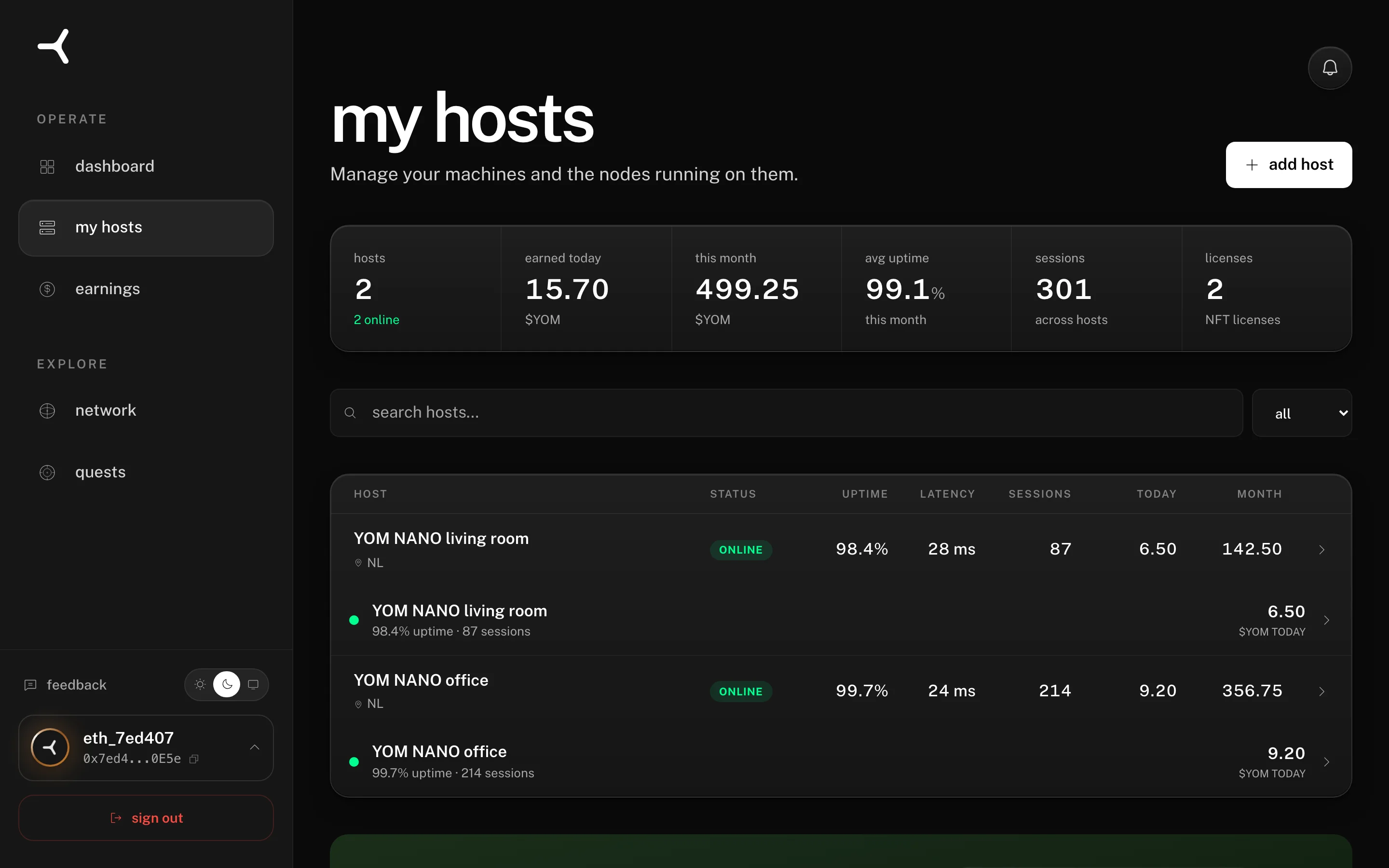 My hosts page showing two nodes with full live stats, including the status of each host — desktop