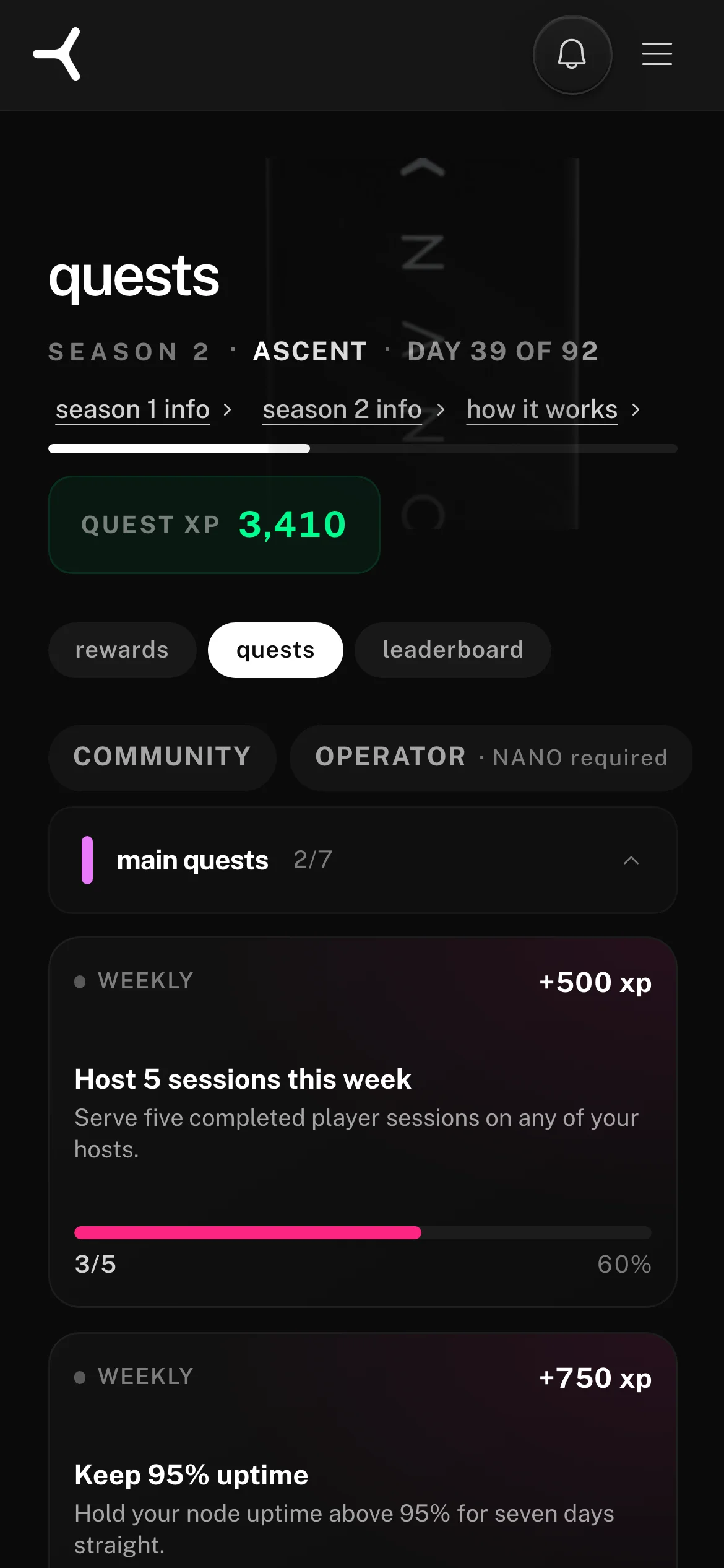 The quests page in the app: season header with day counter, quest XP balance, and quest cards with progress bars and completed badges — on a phone