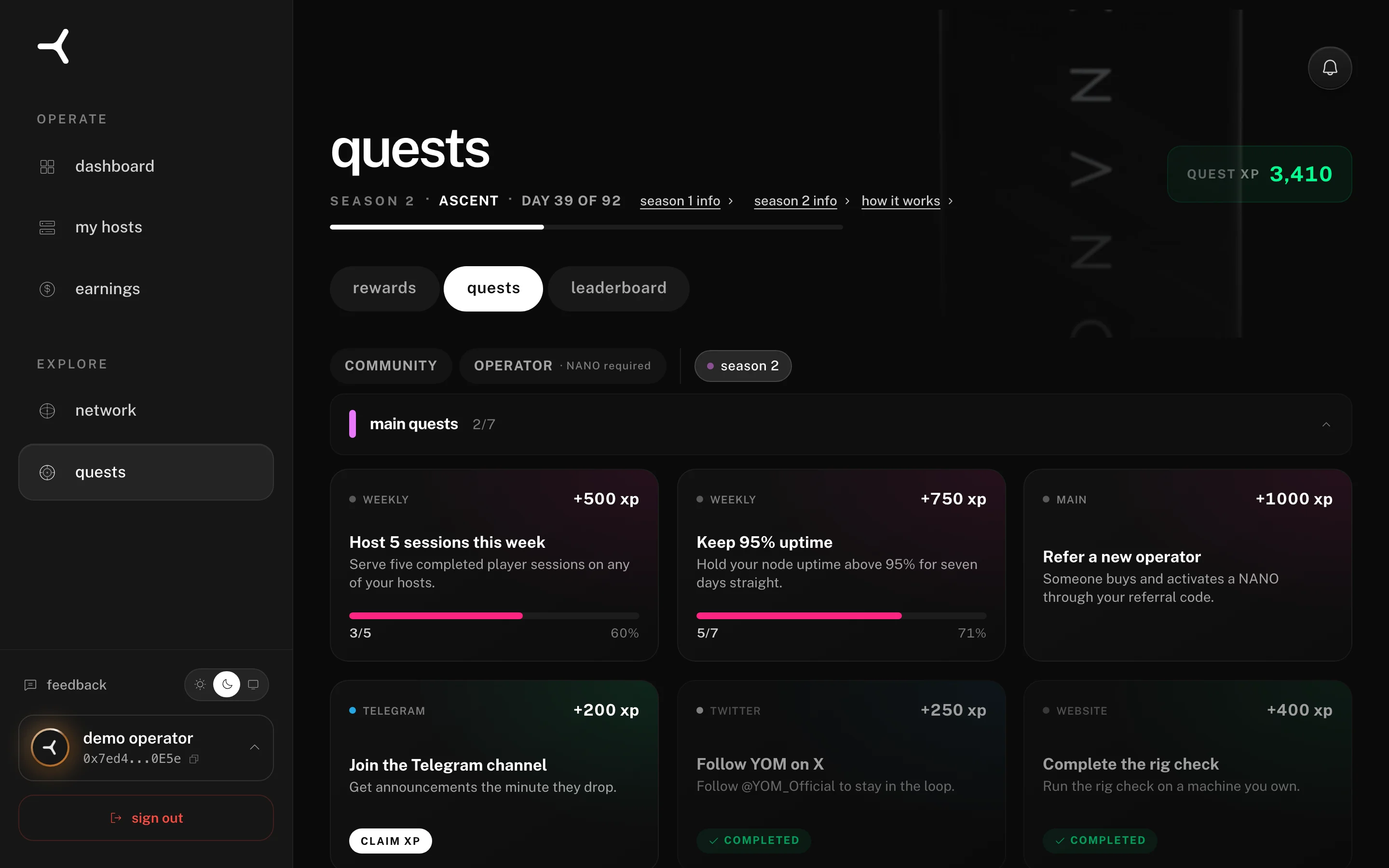The quests page in the app: season header with day counter, quest XP balance, and quest cards with progress bars and completed badges — desktop