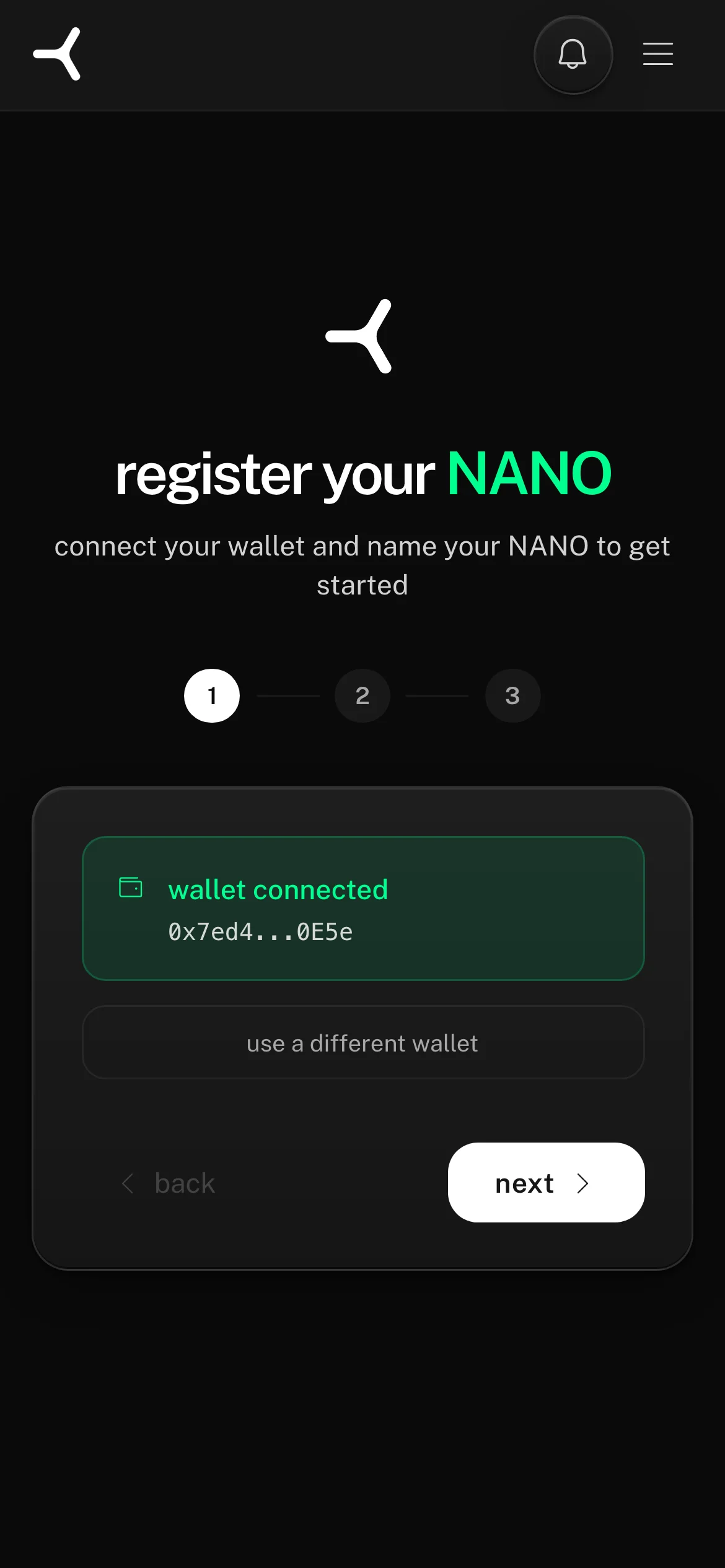 NANO registration page showing the three-step wizard: connect wallet, name your NANO, confirm — on a phone