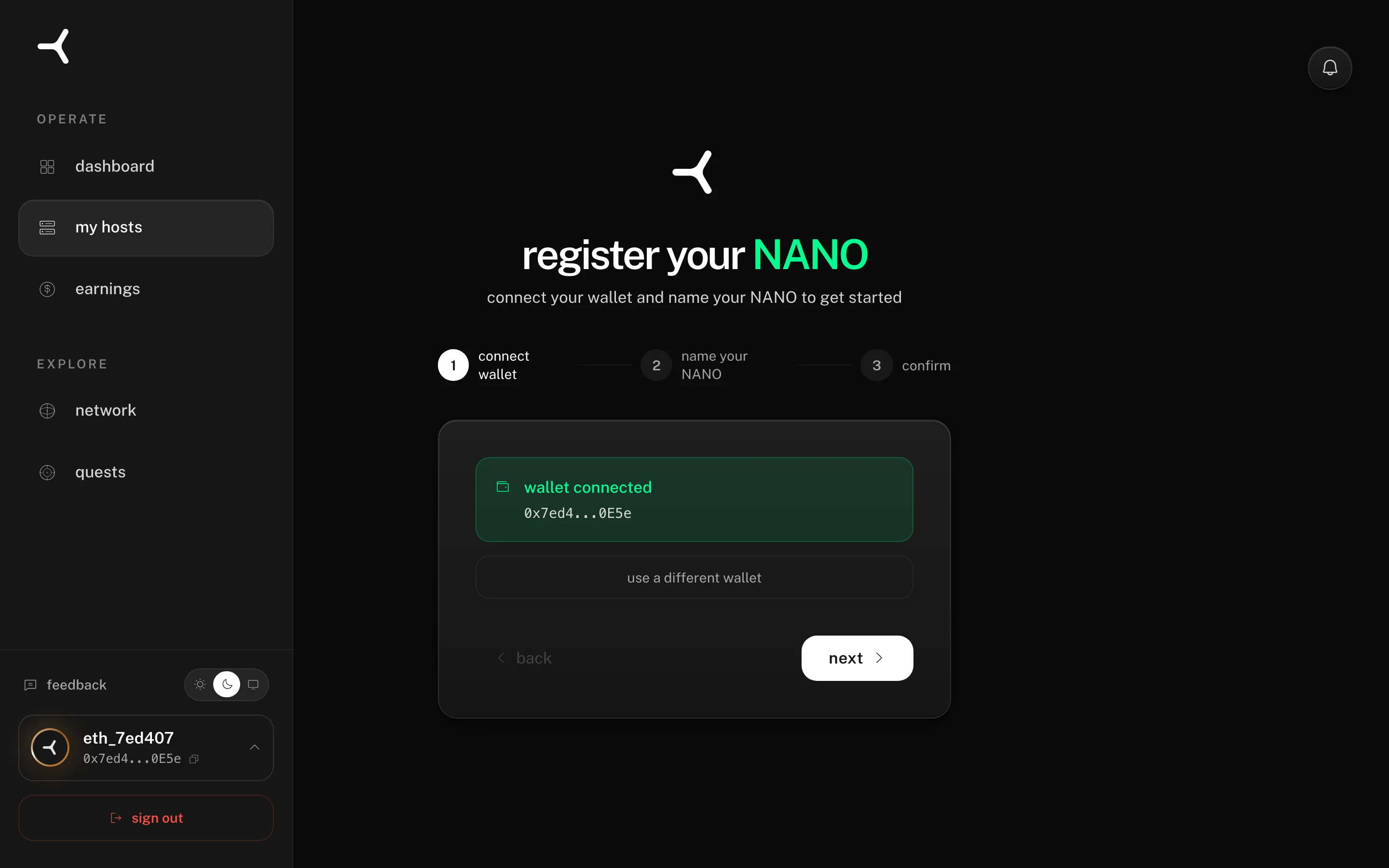 NANO registration page showing the three-step wizard: connect wallet, name your NANO, confirm — desktop